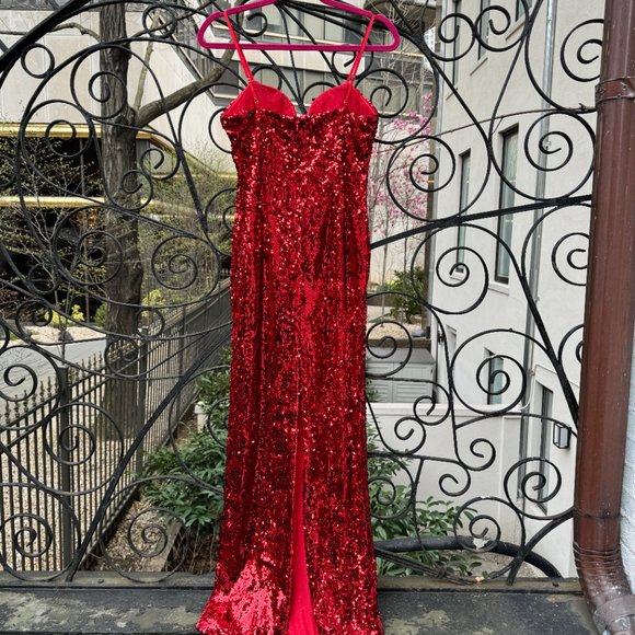 New with Tags Red Sequin Maxi Gown Dress with Flower Bust - Picture 5 of 8